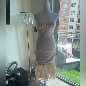 BLUSH PINK STRAPLESS LACE HEM SCUBA MIDI DRESS New